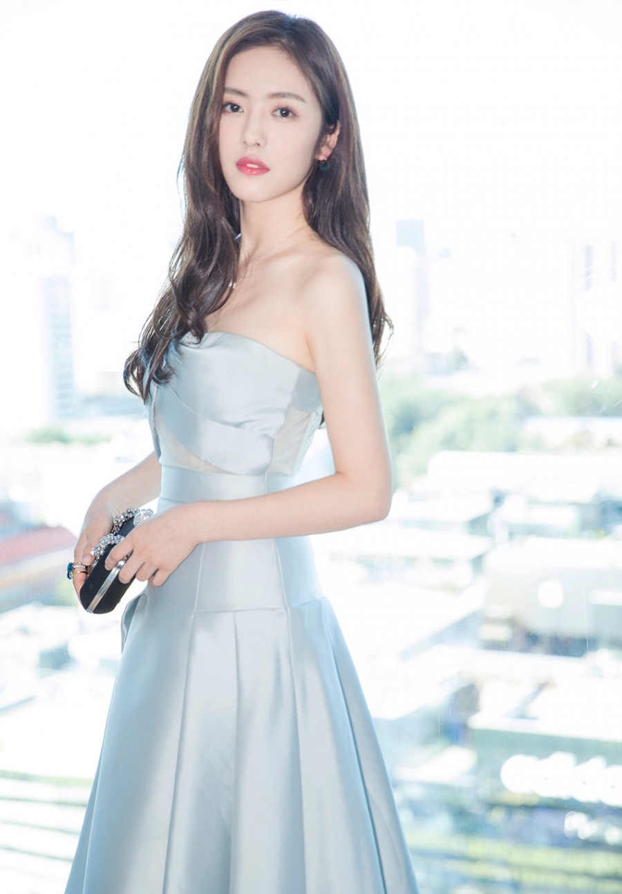 蔡文静冰蓝色长裙写真气质优雅49